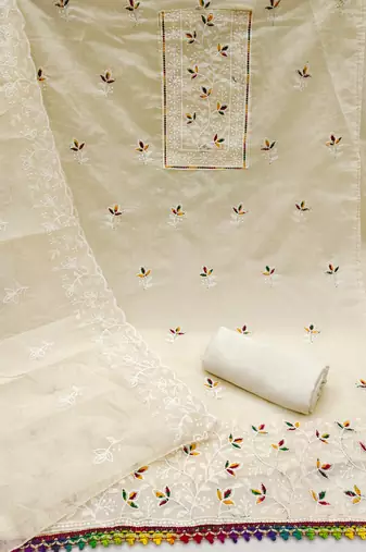 Women's white embroiderd chanderi cotton dress material