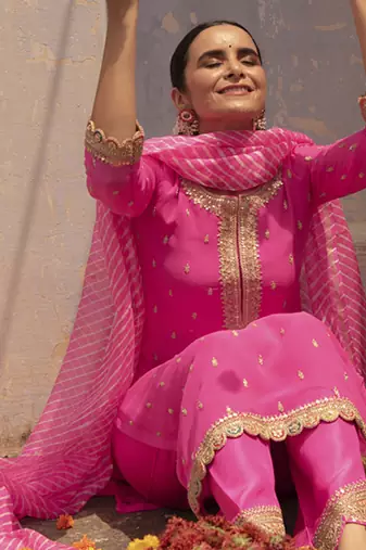 Hot pink embroidered georgette kurta set