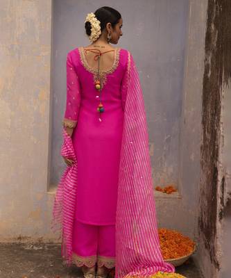 Hot pink embroidered georgette kurta set 4