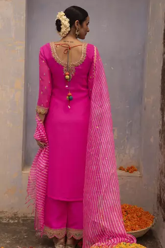 Hot pink embroidered georgette kurta set