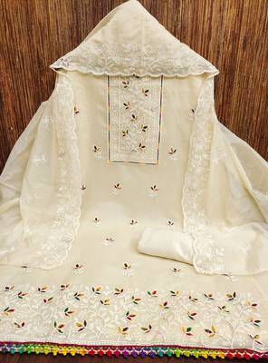 Women's white embroiderd chanderi cotton dress material 3
