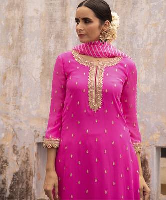 Hot pink embroidered georgette kurta set 5