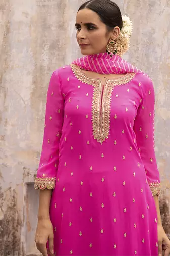 Hot pink embroidered georgette kurta set