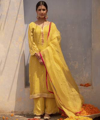 Lime embroidered georgette kurta set 1