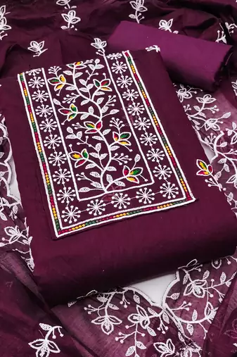 Women's voilet unstitched embroiderd chanderi cotton dress material 