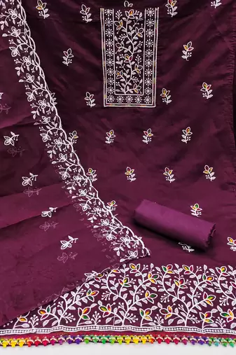 Women's voilet embroiderd chanderi cotton dress material