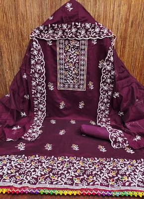 Women's voilet embroiderd chanderi cotton dress material 3
