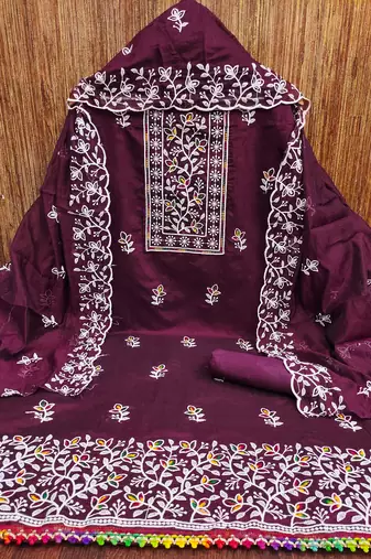 Women's voilet embroiderd chanderi cotton dress material