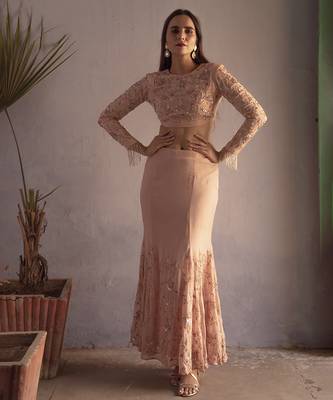 Pink embroidered georgette top and skirt set 1