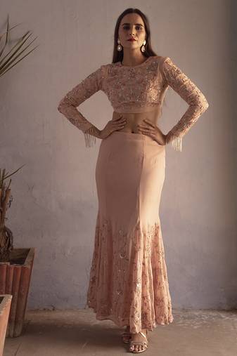 Pink embroidered georgette top and skirt set