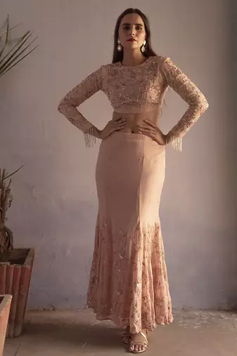 Pink embroidered georgette top and skirt set