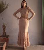 Pink embroidered georgette top and skirt set