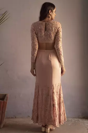 Pink embroidered georgette top and skirt set