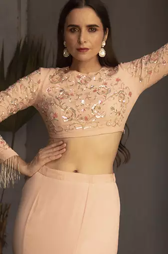 Pink embroidered georgette top and skirt set