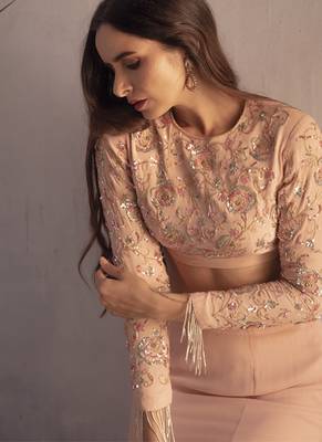 Pink embroidered georgette top and skirt set 4