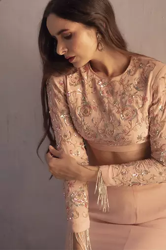 Pink embroidered georgette top and skirt set
