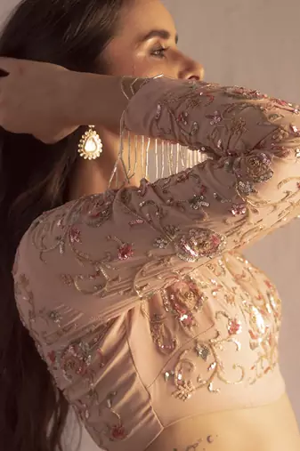 Pink embroidered georgette top and skirt set