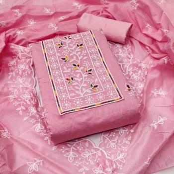 Women's pink embroiderd chanderi cotton dress material 1