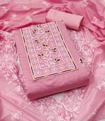 Women's pink unstitched embroiderd chanderi cotton dress material