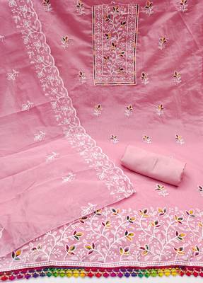 Women's pink embroiderd chanderi cotton dress material 2
