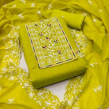 Women's light green embroiderd chanderi cotton dress material 1