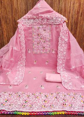 Women's pink embroiderd chanderi cotton dress material 3