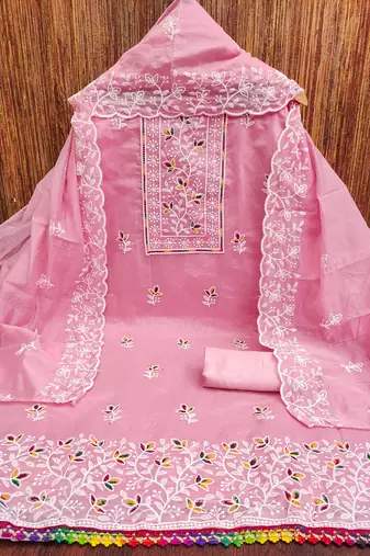 Women's pink embroiderd chanderi cotton dress material