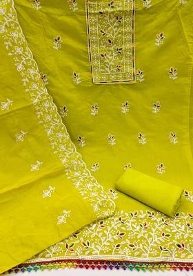 Women's light green embroiderd chanderi cotton dress material 2