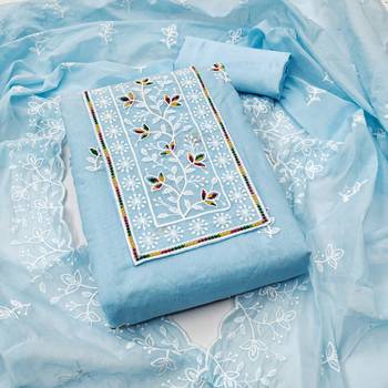 Women's sky blue embroiderd chanderi cotton dress material 1