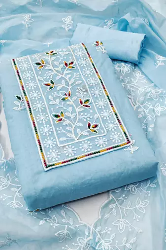 Women's sky blue unstitched embroiderd chanderi cotton dress material 
