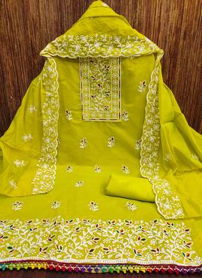 Women's light green embroiderd chanderi cotton dress material 3