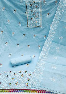 Women's sky blue embroiderd chanderi cotton dress material 2