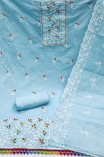 Women's sky blue embroiderd chanderi cotton dress material