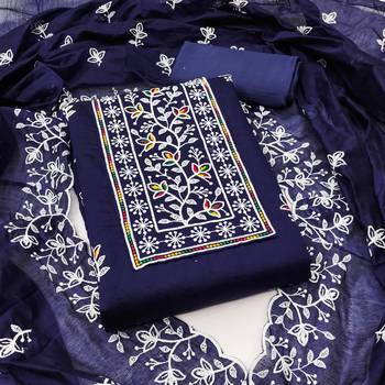 Women's blue embroiderd chanderi cotton dress material 1