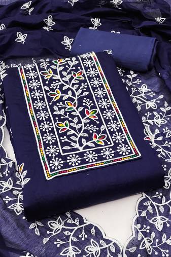 Women's blue unstitched embroiderd chanderi cotton dress material 