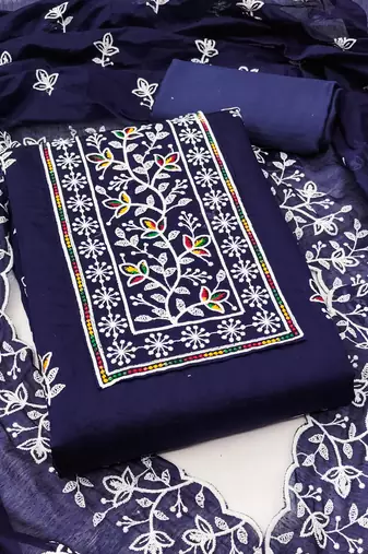 Women's blue unstitched embroiderd chanderi cotton dress material 
