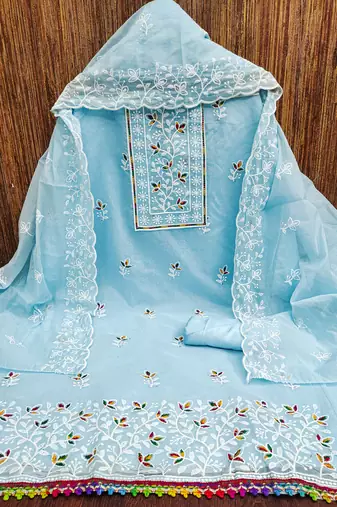Women's sky blue embroiderd chanderi cotton dress material