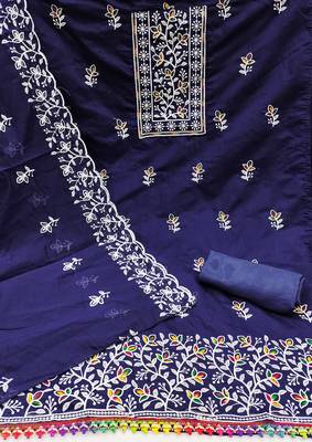 Women's blue embroiderd chanderi cotton dress material 2