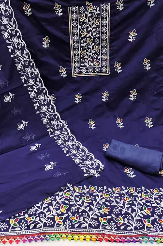 Women's blue embroiderd chanderi cotton dress material