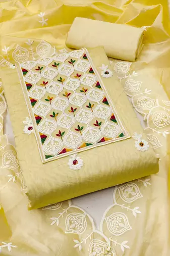 Women's yellow unstitched embroiderd chanderi cotton dress material 