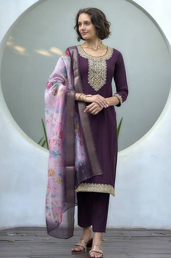 Women's Gorgeous Vatican Embroidery Straight Kurta with Pant And Dupatta Set