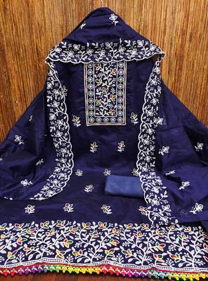 Women's blue embroiderd chanderi cotton dress material 3