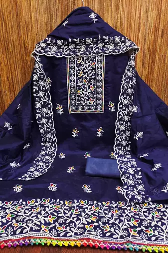 Women's blue embroiderd chanderi cotton dress material