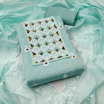 Women's sea green embroiderd chanderi cotton dress material 1