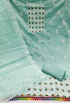 Women's sea green embroiderd chanderi cotton dress material 2