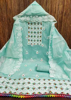 Women's sea green embroiderd chanderi cotton dress material 3