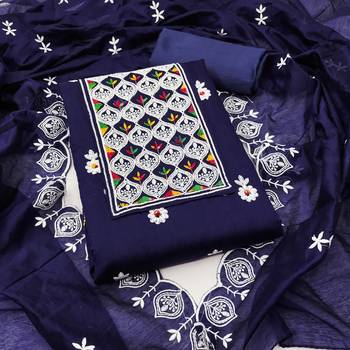 Women's blue embroiderd chanderi cotton dress material 1
