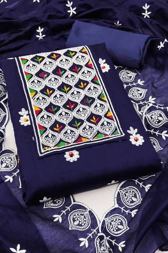 Women's blue unstitched embroiderd chanderi cotton dress material 