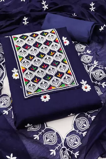 Women's blue unstitched embroiderd chanderi cotton dress material 