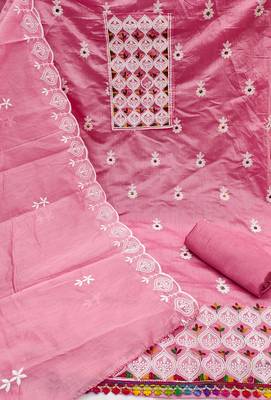 Women's pink embroiderd chanderi cotton dress material 2